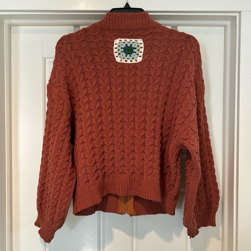 POL Zip-Up Cardigan with Crochet Granny Square Accents - Picture 6 of 6